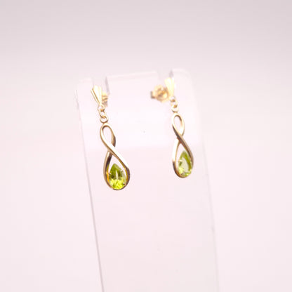 9ct Yellow Gold Swirly Figure 8 Peridot Set Drop Earrings