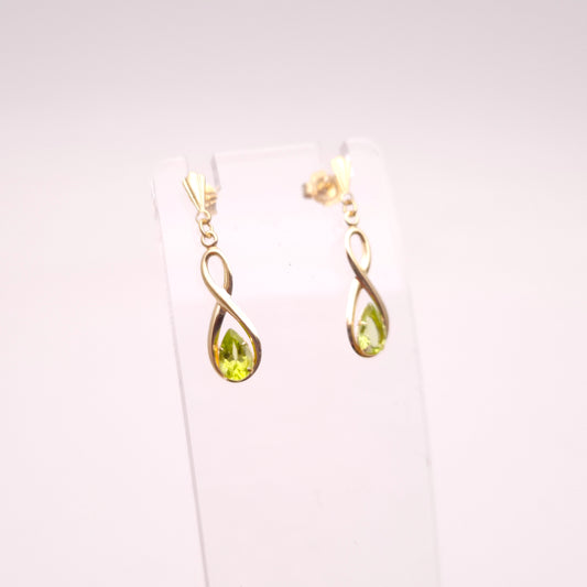 9ct Yellow Gold Swirly Figure 8 Peridot Set Drop Earrings