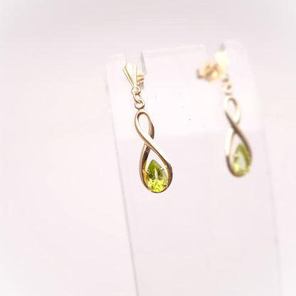 9ct Yellow Gold Swirly Figure 8 Peridot Set Drop Earrings