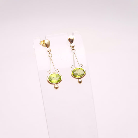 9ct Yellow Gold Geometric Art Deco Style Peridot Drop Earrings
