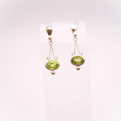 9ct Yellow Gold Geometric Art Deco Style Peridot Drop Earrings