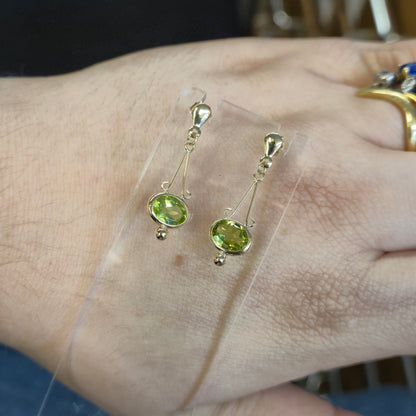 9ct Yellow Gold Geometric Art Deco Style Peridot Drop Earrings