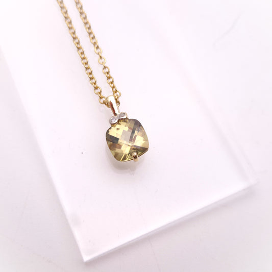 9ct Yellow Gold Chequerboard Cushion Cut Peridot and Diamond PENDANT ONLY