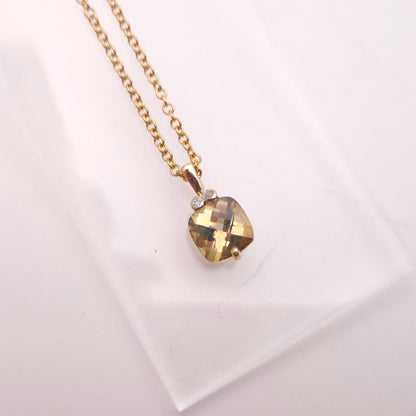9ct Yellow Gold Chequerboard Cushion Cut Peridot and Diamond PENDANT ONLY