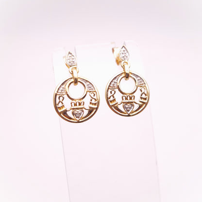 9ct Yellow Gold Diamond Set Claddagh Circle Drop Earrings