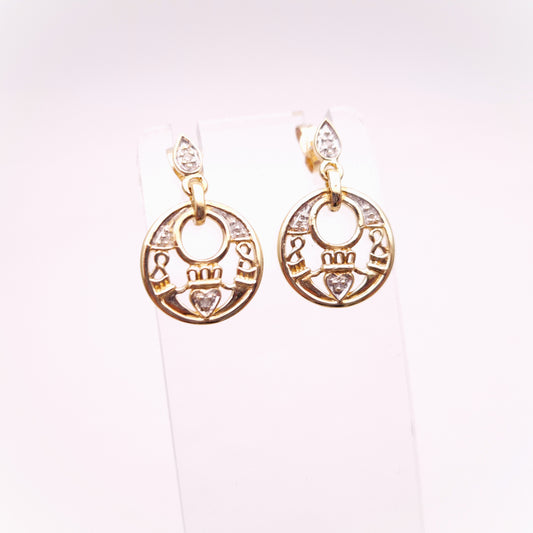 9ct Yellow Gold Diamond Set Claddagh Circle Drop Earrings