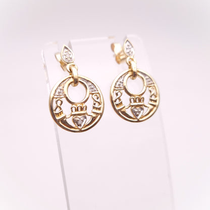 9ct Yellow Gold Diamond Set Claddagh Circle Drop Earrings