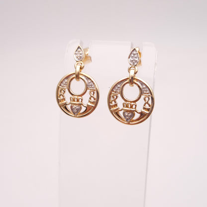 9ct Yellow Gold Diamond Set Claddagh Circle Drop Earrings