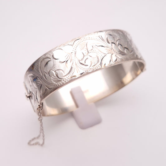 Sterling Silver Vintage Half Patterned Engraved Heavy Bangle