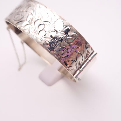 Sterling Silver Vintage Half Patterned Engraved Heavy Bangle