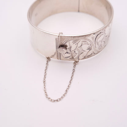 Sterling Silver Vintage Half Patterned Engraved Heavy Bangle