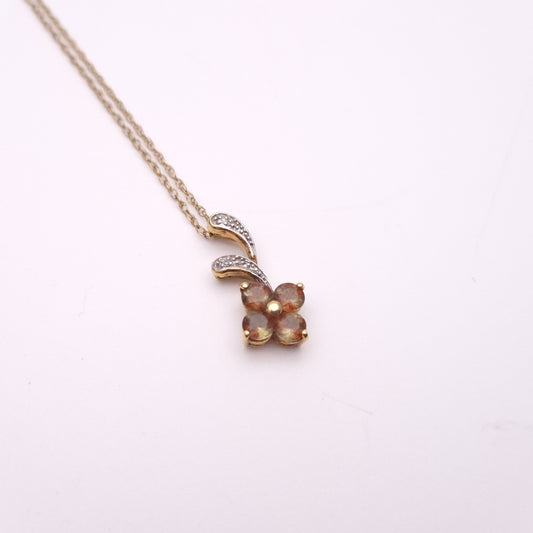 9ct Yellow Gold Feldspar and Diamond Quatrefoil Pendant and Chain Necklace