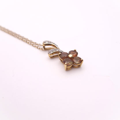 9ct Yellow Gold Feldspar and Diamond Quatrefoil Pendant and Chain Necklace