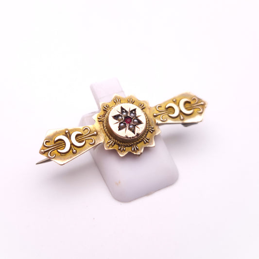 9ct Yellow Gold Ruby and Pearl Antique Mourning Style Brooch