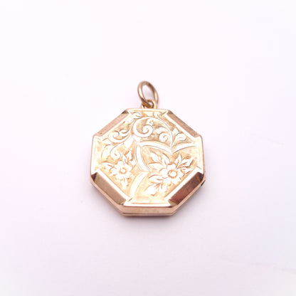 9ct Yellow Gold Back and Front Engraved Octagonal Locket Pendant