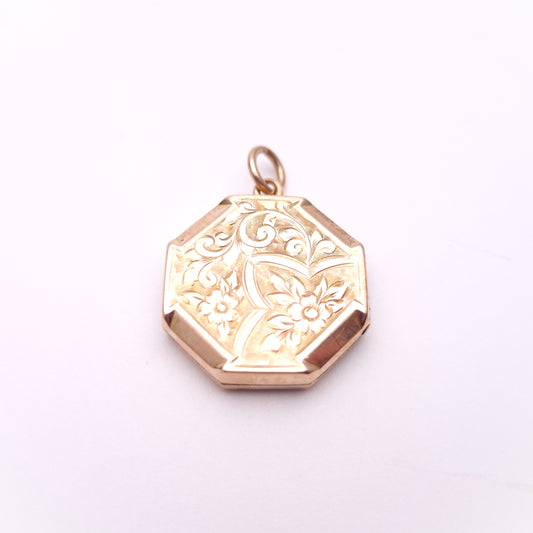 9ct Yellow Gold Back and Front Engraved Octagonal Locket Pendant