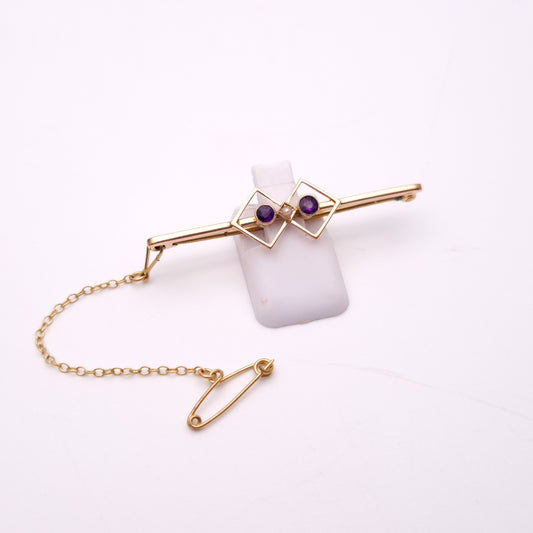 9ct Antique Amethyst and Seed Pearl Geometric Bar Brooch