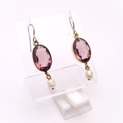 Gold Plated Vintage Purple Paste Stone and Pearl Drop Earrings