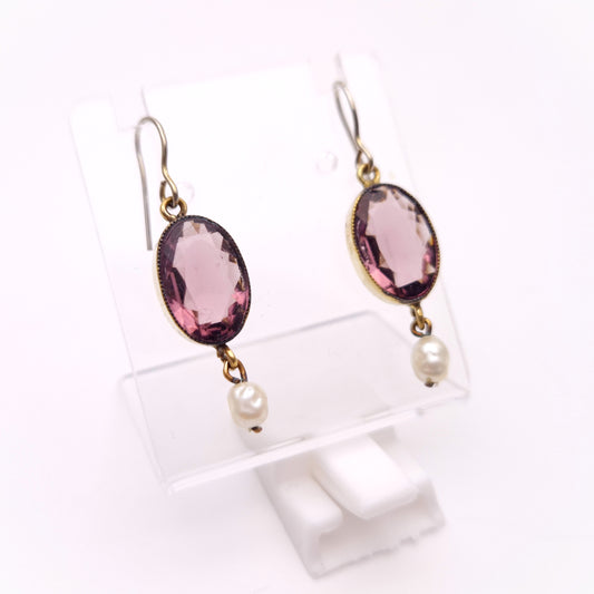 Gold Plated Vintage Purple Paste Stone and Pearl Drop Earrings