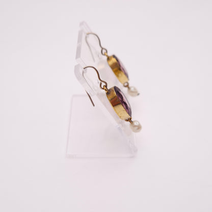 Gold Plated Vintage Purple Paste Stone and Pearl Drop Earrings