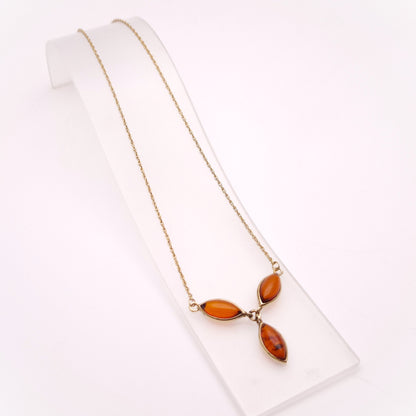 9ct Yellow Gold Three Stone Marquise Shaped Amber Y-Drop Necklace