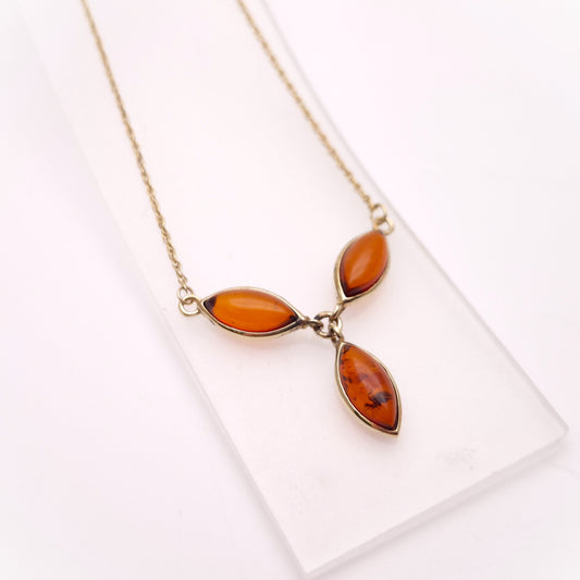 9ct Yellow Gold Three Stone Marquise Shaped Amber Y-Drop Necklace