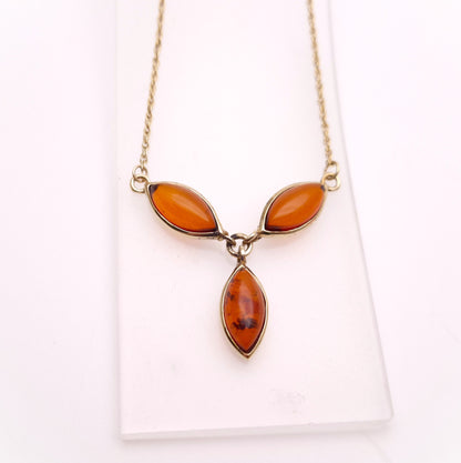 9ct Yellow Gold Three Stone Marquise Shaped Amber Y-Drop Necklace