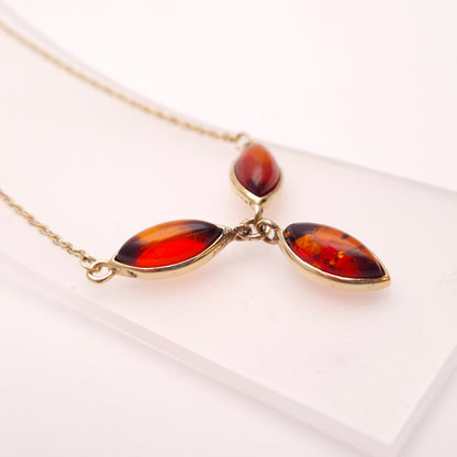 9ct Yellow Gold Three Stone Marquise Shaped Amber Y-Drop Necklace