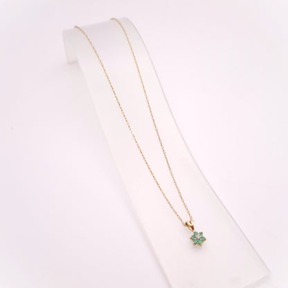 9ct Yellow Gold Emerald and Diamond Flower Cluster Pendant and Chain Necklace