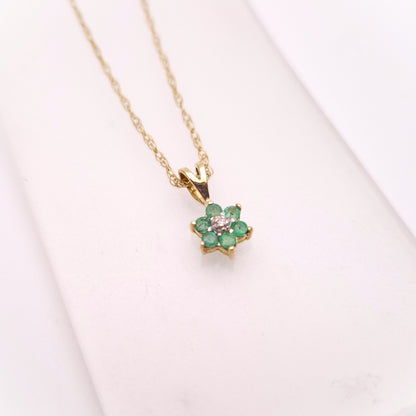 9ct Yellow Gold Emerald and Diamond Flower Cluster Pendant and Chain Necklace