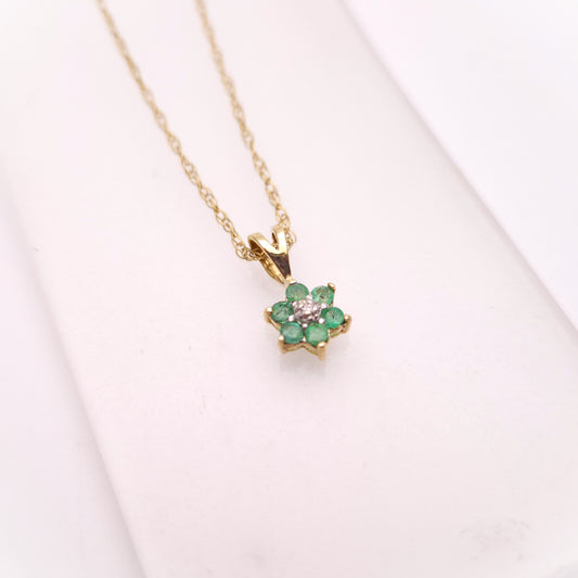 9ct Yellow Gold Emerald and Diamond Flower Cluster Pendant and Chain Necklace