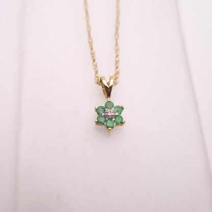 9ct Yellow Gold Emerald and Diamond Flower Cluster Pendant and Chain Necklace