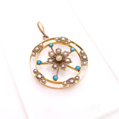 9ct Yellow Gold Antique Turquoise & Pearl Floral Art Nouveau Pendant