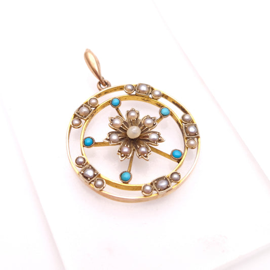 9ct Yellow Gold Antique Turquoise & Pearl Floral Art Nouveau Pendant