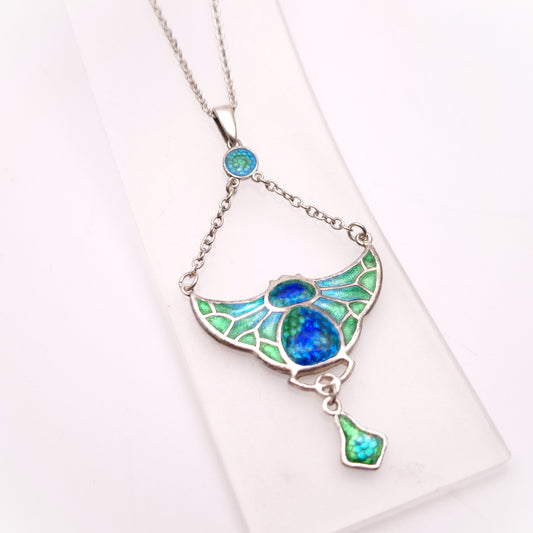 Sterling Silver Charles Horner Antique Enamel Bat Pendant and Chain Necklace