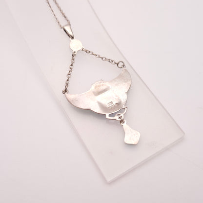 Sterling Silver Charles Horner Antique Enamel Bat Pendant and Chain Necklace