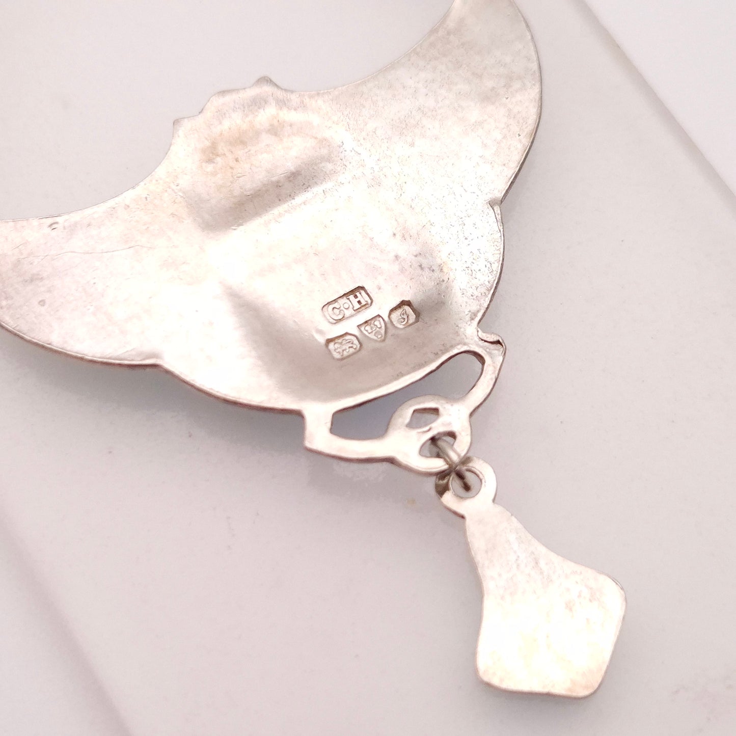 Sterling Silver Charles Horner Antique Enamel Bat Pendant and Chain Necklace