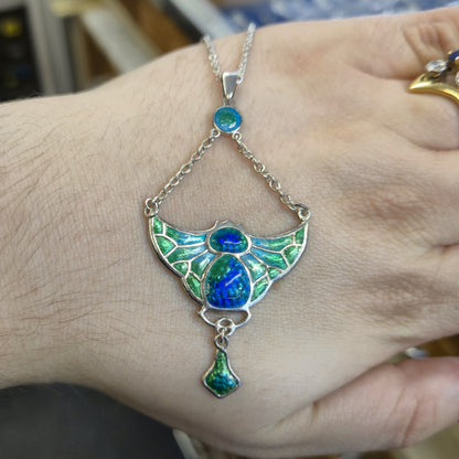 Sterling Silver Charles Horner Antique Enamel Bat Pendant and Chain Necklace