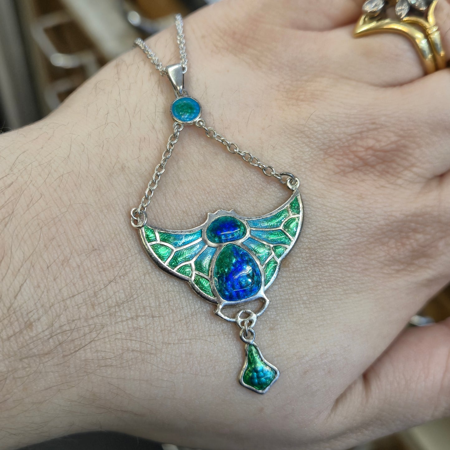 Sterling Silver Charles Horner Antique Enamel Bat Pendant and Chain Necklace