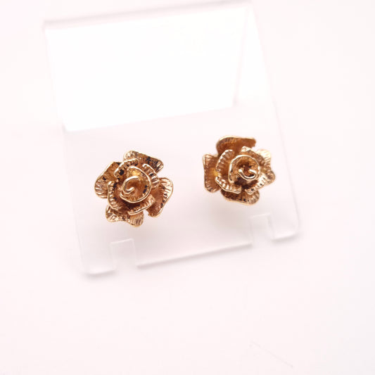 9ct Yellow Gold Vintage Solid Rose Flower Stud Earrings