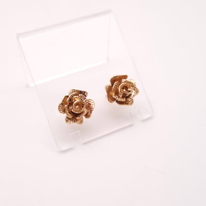 9ct Yellow Gold Vintage Solid Rose Flower Stud Earrings