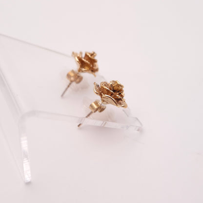 9ct Yellow Gold Vintage Solid Rose Flower Stud Earrings