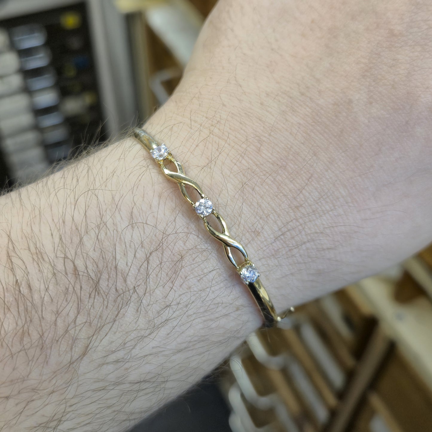 9ct Yellow Gold Cubic Zirconia Three Stone Openwork Bangle