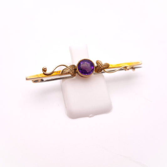 9ct Yellow Gold Antique Amethyst Foliate Leaf Detail Bar Brooch