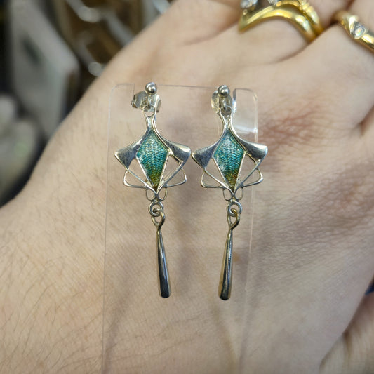 Sterling Silver Pat Cheney Enamel Art Deco Style Earrings