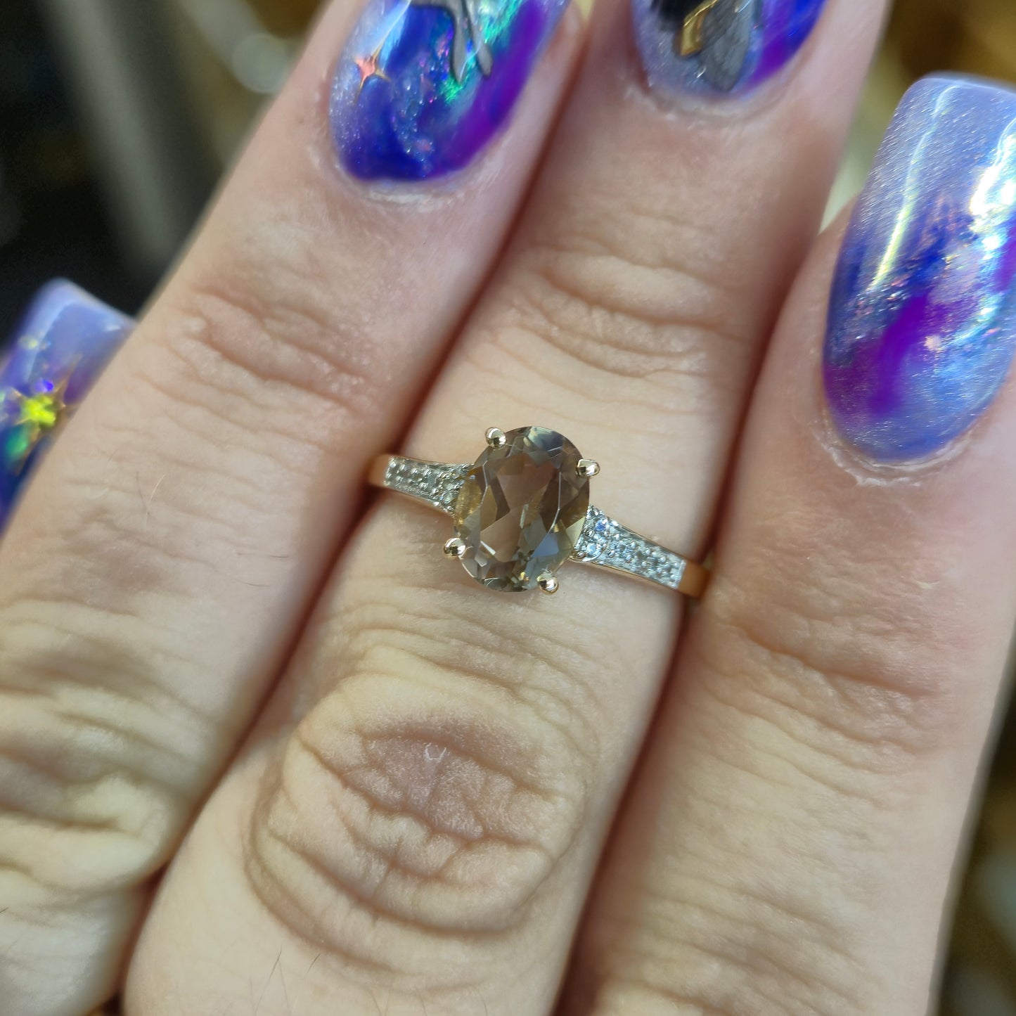 9ct Yellow Gold Oval Cut Scapolite and Diamond Shoulders Ring