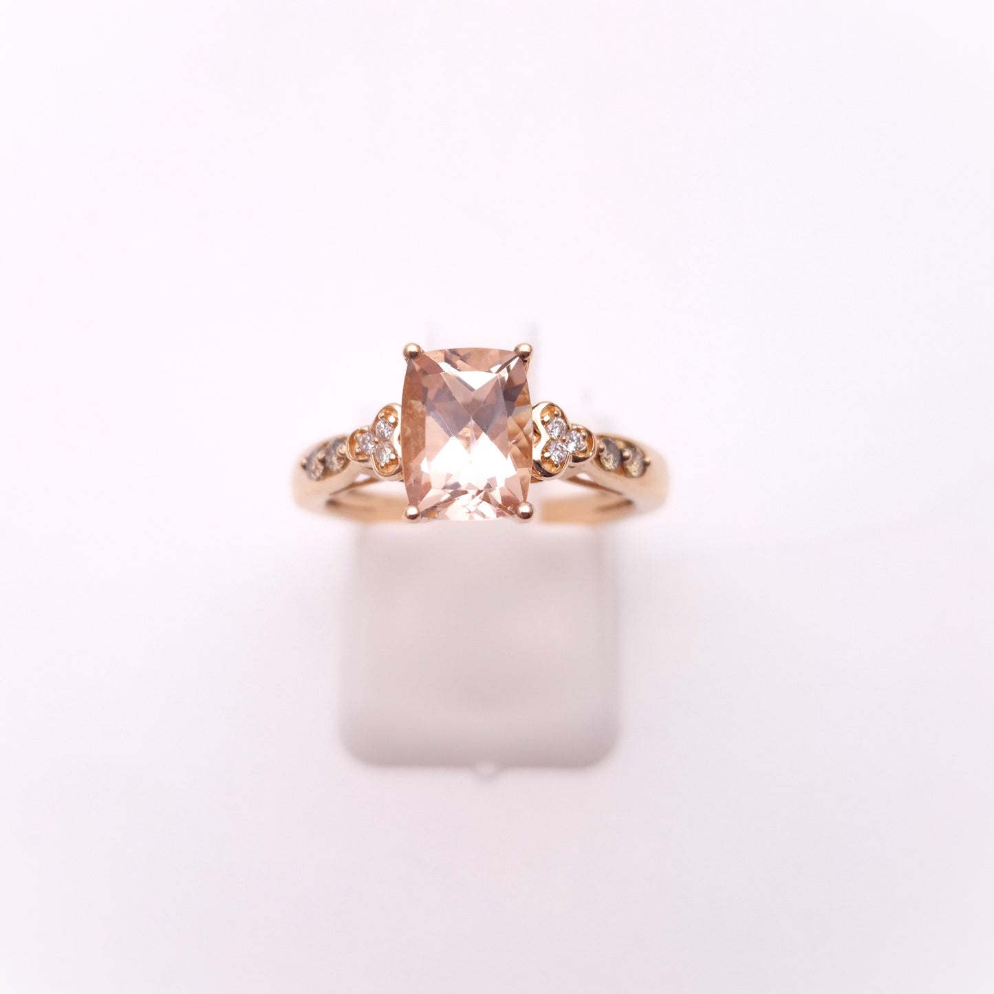 14ct Rose Gold Cushion Cut Morganite and Diamond Shoulders Ring
