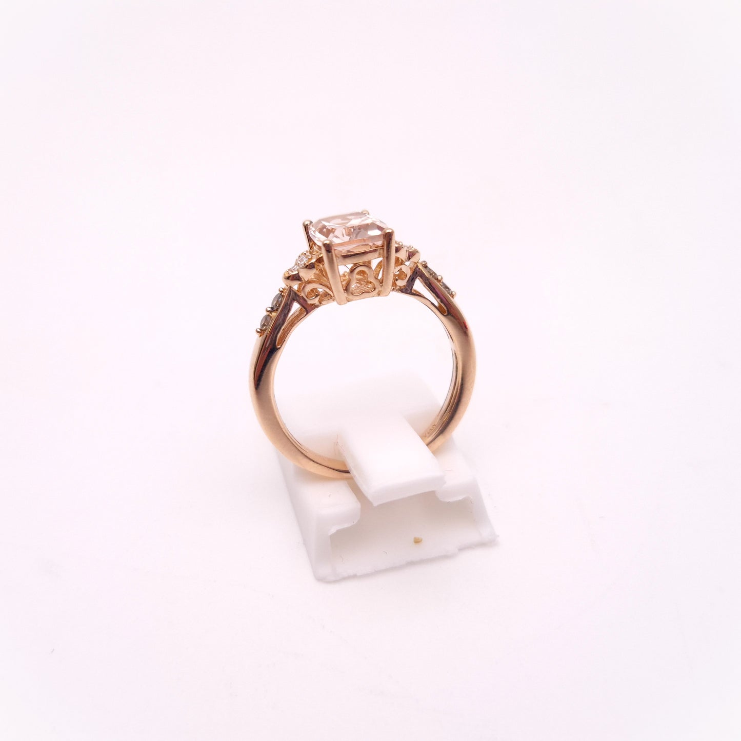 14ct Rose Gold Cushion Cut Morganite and Diamond Shoulders Ring