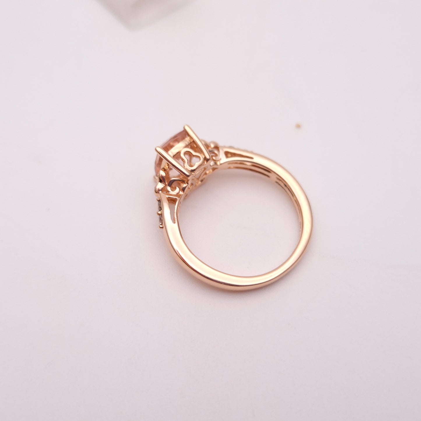 14ct Rose Gold Cushion Cut Morganite and Diamond Shoulders Ring