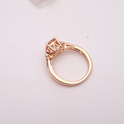 14ct Rose Gold Cushion Cut Morganite and Diamond Shoulders Ring